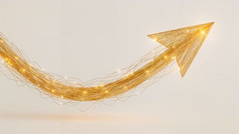 Glowing golden wire curved arrow on cream background