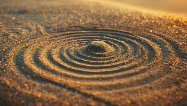 Concentric sand patterns in zen garden with golden sunlight