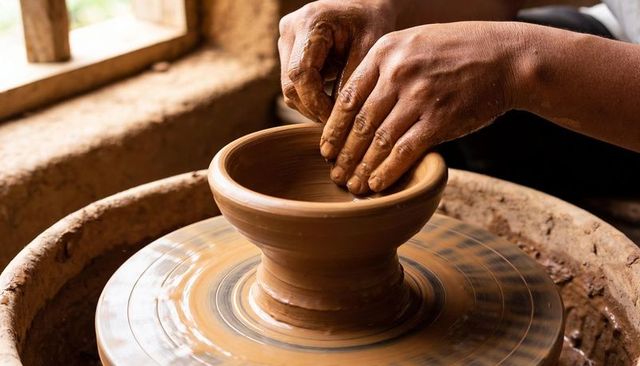 Artisan hands shaping wet clay on pottery wheel closeup emphasizing texture and motion