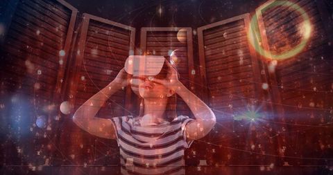 Woman Experiencing Virtual Reality Universe with Planets and Stars