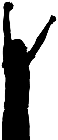 Transparent silhouette of man raising fists in victory pose