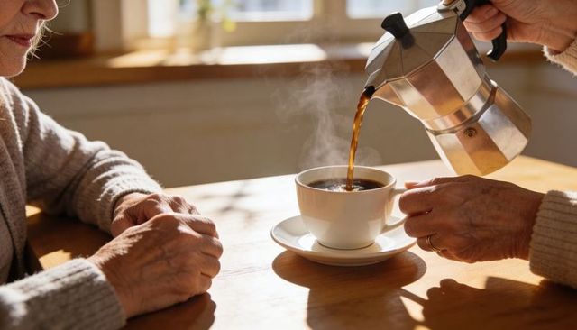 Senior pouring coffee from moka pot into white cup at sunlit kitchen table, morning warmth