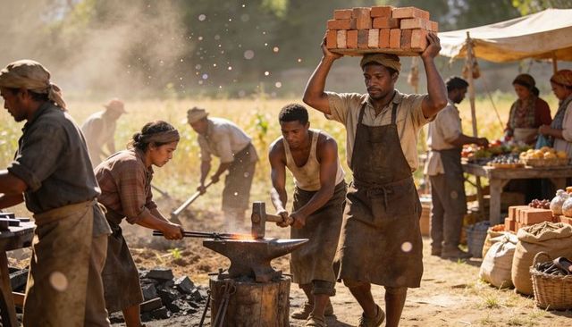 Sunlit rural forge team hammering hot metal on anvil while worker carrying bricks