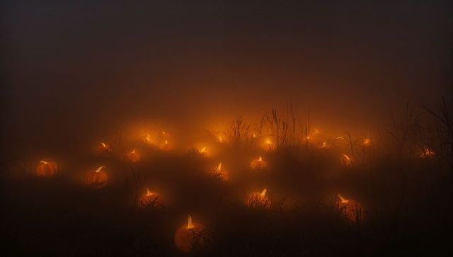 Glowing carved pumpkins illuminating misty twilight meadow