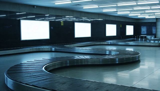 Serpentine airport baggage carousel with reflective metal curves and illuminated panels