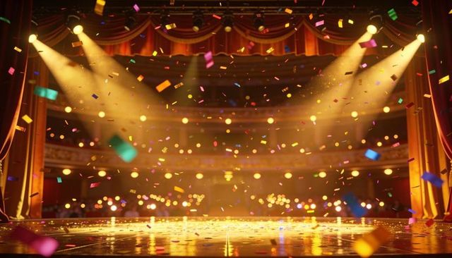 Golden Theater Stage with Spotlights and Falling Confetti Celebrating Grand Finale Night