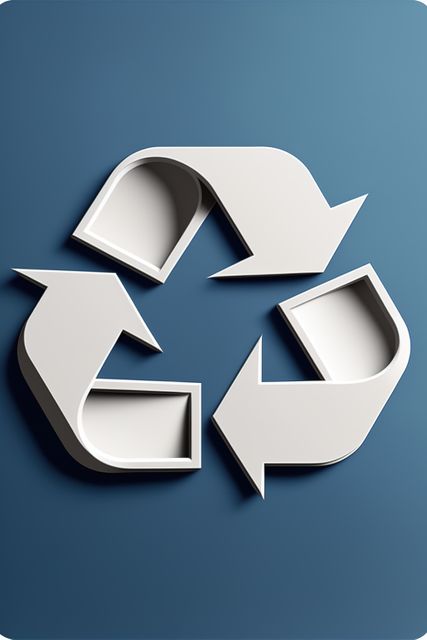 White recycling symbol on blue background, created using generative ai technology. Recycling and ecology concept digitally generated image.