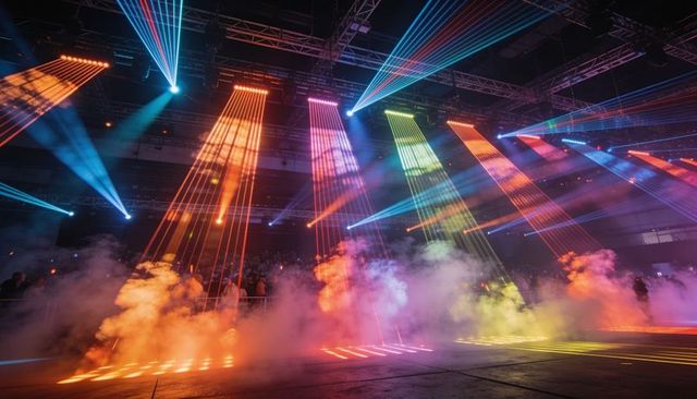 Multicolor laser light show illuminating arena with fog, vertical beams and moving heads
