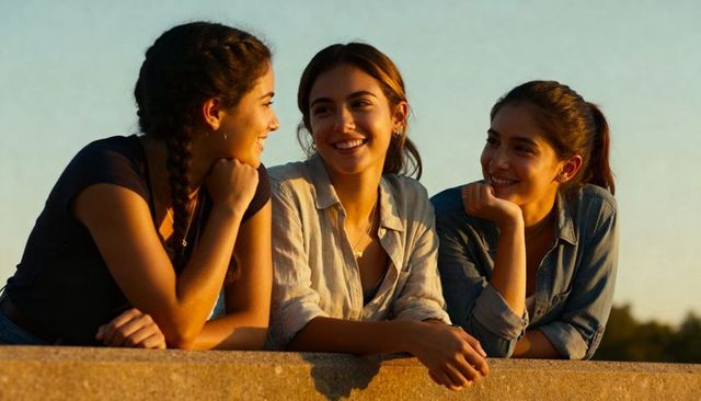 Three friends leaning on stone railing smiling and chatting at sunset golden hour