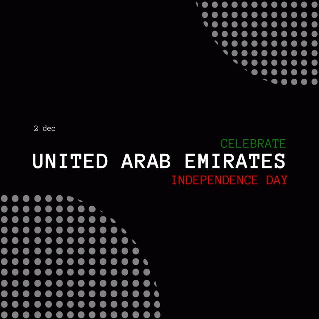 Illustration of 2 dec, celebrate united arab emirates independence day with dots on black background. Copy space, patriotism, celebration, freedom and identity concept.