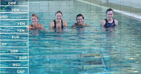 Smiling women practicing aquatic fitness with currency market overlay and teamwork concept