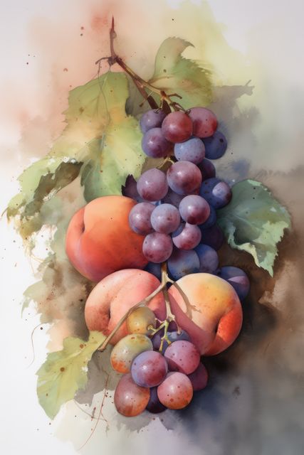 Watercolor painting featuring a cluster of grapes and peaches with detailed leaves. Ideal for use in kitchen decor, culinary blogs, or botanical-themed artwork. The vibrant colors and realistic depiction of the fruits create a visually appealing and artistic effect.