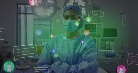 Surgeon standing with arms crossed in or with telemedicine ui and collaboration overlays