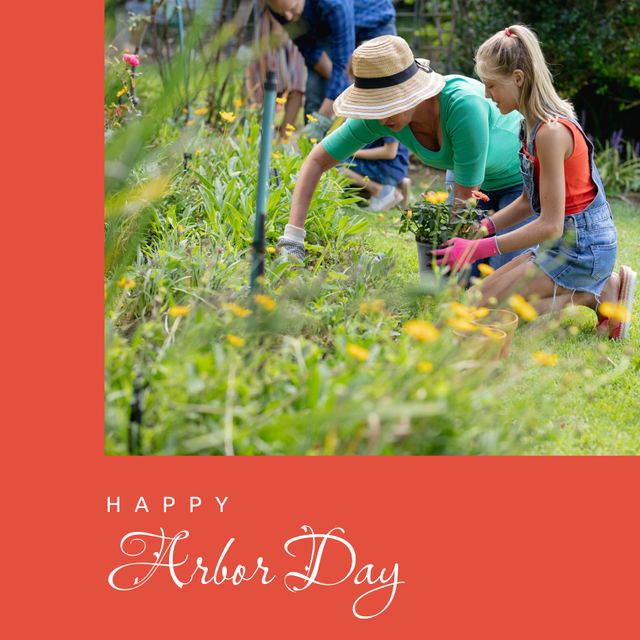 Mother and daughter kneeling and gardening together on Arbor Day. Mother wearing large sun hat looking on as daughter tends to plants. Great for promoting family activities, environmental awareness, or holiday celebrations.