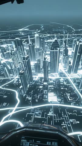 Descending Drone Over Neon Grid City Scanning Cyberpunk Towers Vertical Video