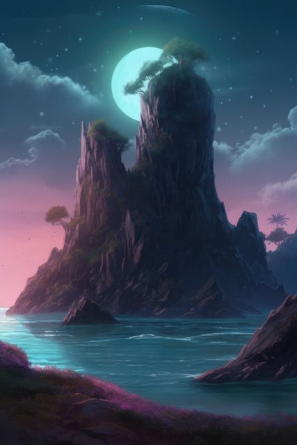 Starry night sky over rocky and green island in sea, created using generative ai technology. Fairy tale, dream, mythology and historical fantasy concept digitally generated image.