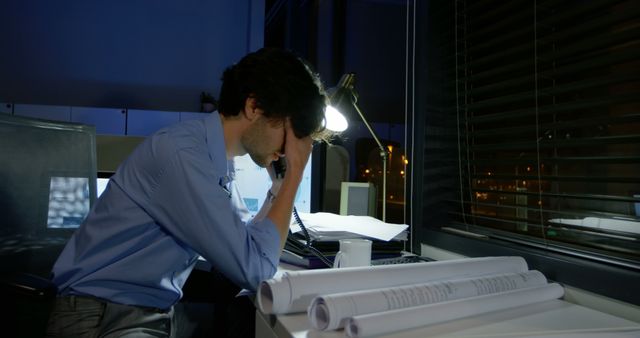 Architect is sitting at a desk in an office at night, visibly stressing over multiple blueprints. The desk is lit by a lamp, with city lights visible through a window. Suitable for content relating to the pressures of the architectural profession, night shifts, work-life balance, and deadlines.