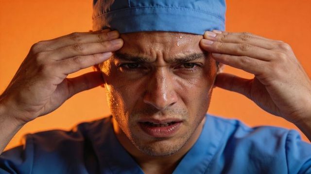 Sweating surgeon pressing temples showing stress and fatigue in warm close-up portrait
