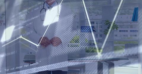 Doctor standing in modern clinic with glowing data analytics overlay and medical charts