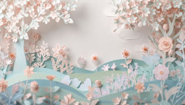 Pastel paper diorama miniature landscape with layered hills, paper trees and flowers