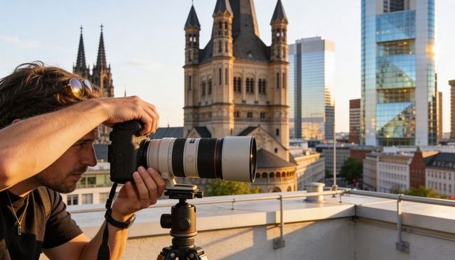 Rooftop photographer framing cathedral and skyline with telephoto lens during golden hour