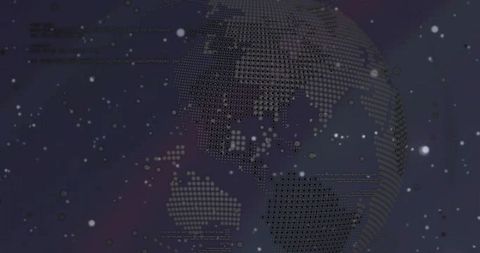 Dotted globe rotating with data particles and cosmic bokeh for futuristic tech background