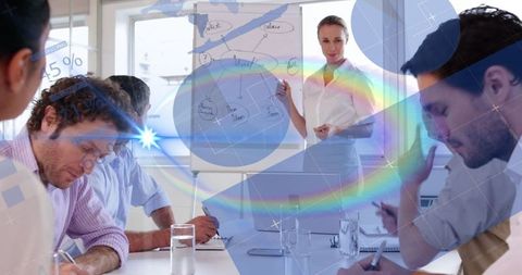 Business Strategy Meeting with Data Interface Overlay