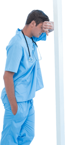 tired surgeon leaning against transparent pole with stethoscope - Download Free Stock Videos Pikwizard.com
