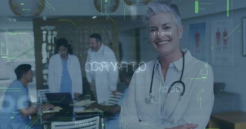 Senior female doctor leading team meeting in modern hospital