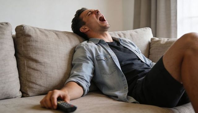 Young man yawning on couch holding remote relaxing at home in sunlit living room