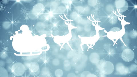Santa Claus Sleigh Silhouette with Reindeer in Snowfall