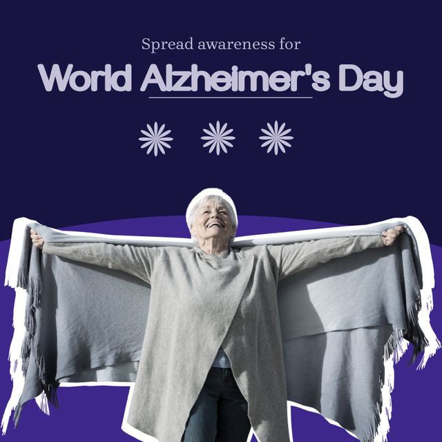 Composition of world alzheimer's day text over happy senior caucasian woman with arms wide. World alzheimer's day and celebration concept digitally generated image.