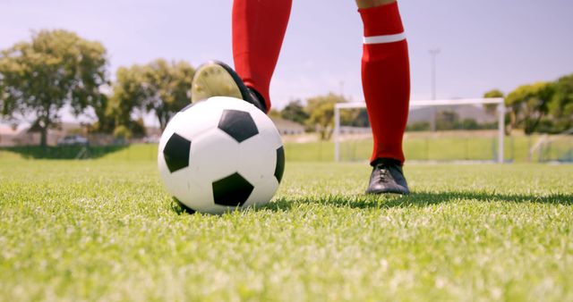Soccer player in red socks ready to kick a football on lush, green field. Ideal for sports training, exercise, recreation themes, advertisements for soccer gear, youth sports programs.
