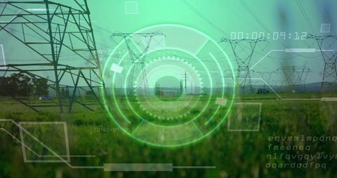 Green technological overlay on transmission towers in landscape