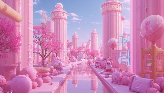 Dreamy pink futuristic canal on plush boulevard