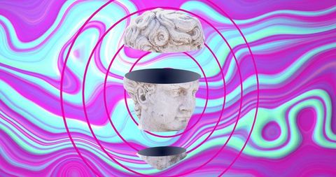 Surreal floating marble bust slices over psychedelic pink marbled field with concentric rings