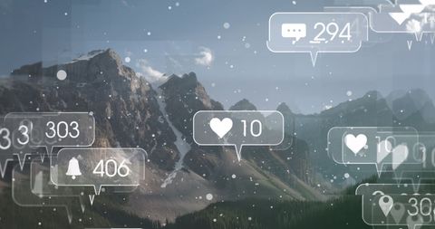 Social Media Icons Overlay on Mountain Landscape