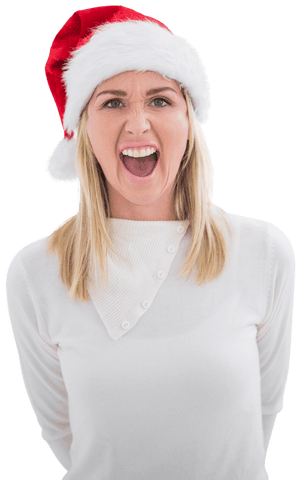 Transparent Blonde Woman with Santa Hat Expressing Stress