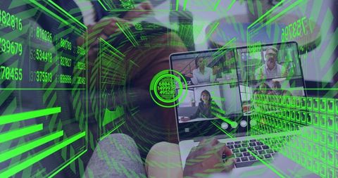 Remote collaboration with cybersecurity HUD overlay and neon data visualization