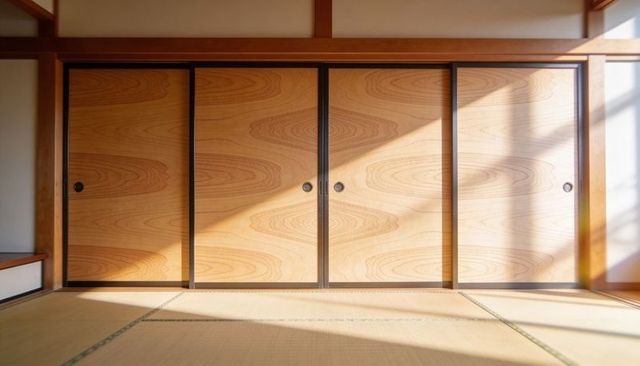 Sunlit fusuma sliding doors in minimalist japanese washitsu with tatami and alcove
