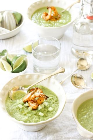 Refreshing Green Gazpacho with Grilled Shrimp Garnish