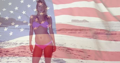 Patriotic Summer Beach Vacation with American Flag Overlay
