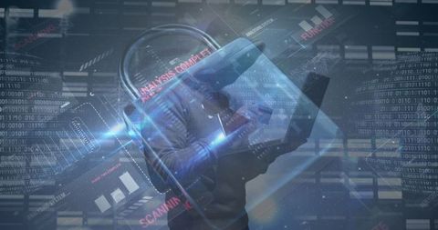 Cyber security threat with hacker and digital data stream