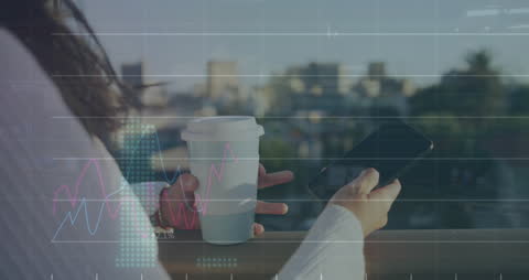 Woman Multitasking: Holding Coffee and Using Smartphone with Digital Graph Overlay