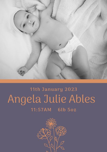 Newborn baby announcement featuring baby lying on soft blanket. Personal details like birth date, time, and weight shown with decorative floral elements, ideal for birth announcements, social media posts, custom greeting cards, or baby albums.