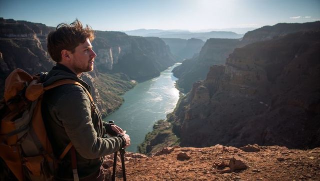Standing hiker overlooking winding canyon river at sunrise, backpacking adventure solitude