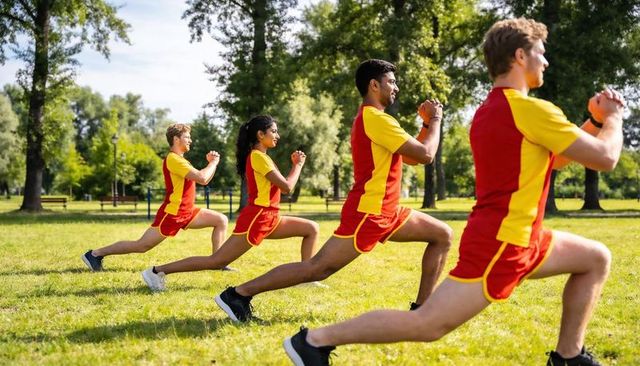 Team performing synchronized forward lunges in sunlit park wearing red and yellow uniforms