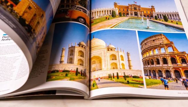 Travel magazine showcasing taj mahal, colosseum and vintage van on glossy landmark spread