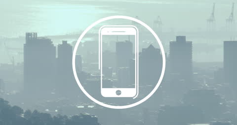 Animated Smartphone Icon on Urban Cityscape Background