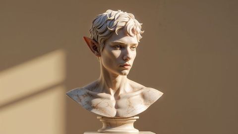 Elflike Marble Bust in Sunlit Studio Displaying Intricate Details